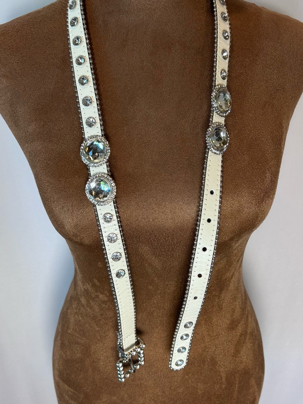 Crystal-Embellished White Leather Long Belt